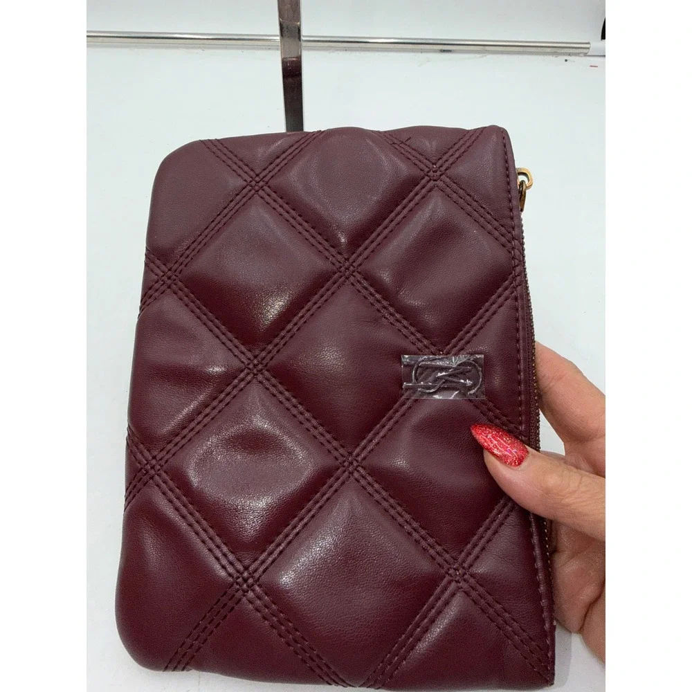 Steve Madden Burgundy Quilted Pouch Diamond Stitch Gold Hardware Clutch Bag